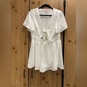 Pink Lily white jumpsuit shorts tie front medium elastic waist short sleeve